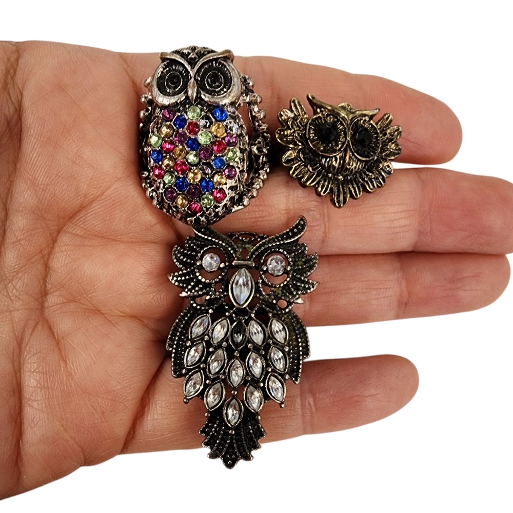 Bundle of 3 Owl Rings Antique Silver And Brass Tone With Rhinestones